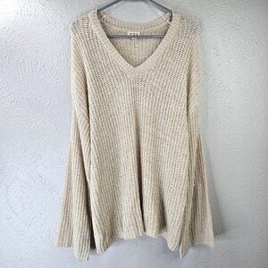 POL Slouchy Sweater M Tan Open Knit Oversized Relaxed Pullover V Neck Boho Top
